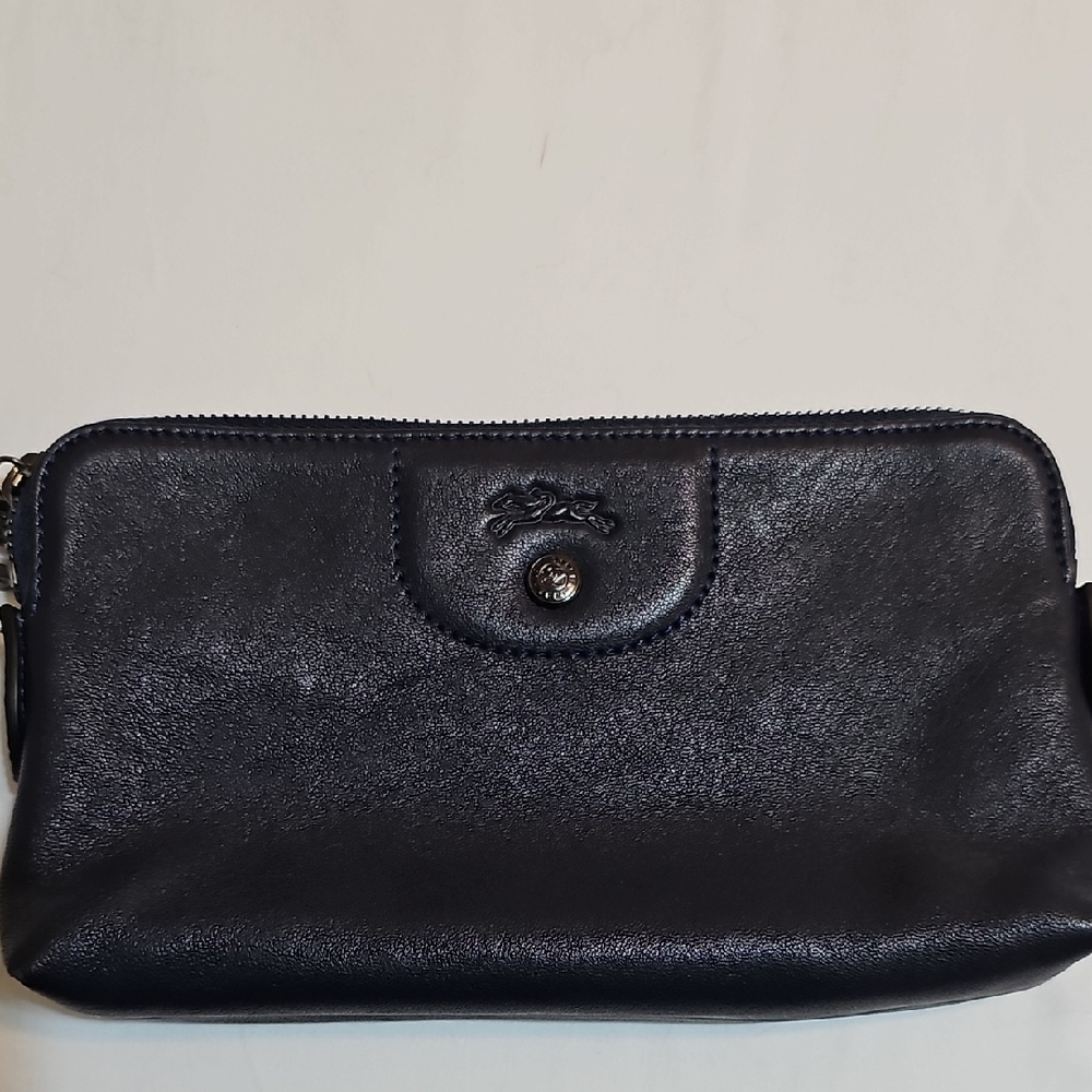 Longchamp Le Pliage Cuir Smooth Leather Pochette Pouch Clutch Wristlet Navy